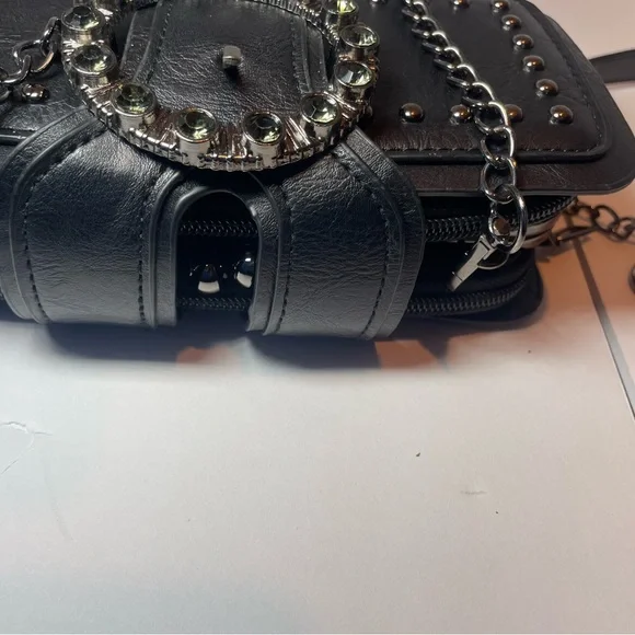 Black Studded Festival Crossbody Bag - Rhinestone Buckle Wallet Clutch - Picture 8 of 9